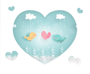 Wall Mural - Cute bird couple in the forest with heart shape cave, paper cut style vector illustration.