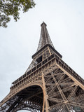 Fototapeta Paryż - Looking up the Paris Eiffel Tower With Cloudy Skies