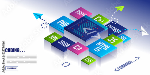Coding And Development Icons Cubic Banner With Various Programming