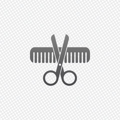 Scissors and hair brush. Crossed tools of barber. On grid backgr