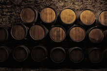 Wine Cellar Interior With Large Wooden Barrels