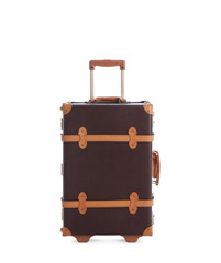 Fashionable brown suitcase on white background