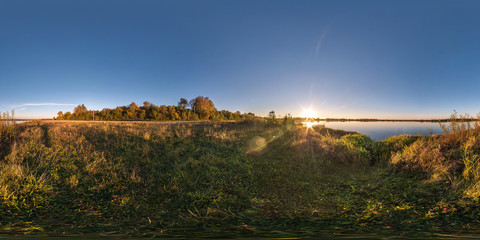 Wall Mural - full seamless spherical cube panorama 360 degrees angle view on the shore of wide river neman in sunny summer evening sunset in equirectangular projection, ready for AR VR virtual reality content