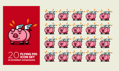 Set of Cute Flying Pig with Wings  Emoji Line Icons In Different Expressions