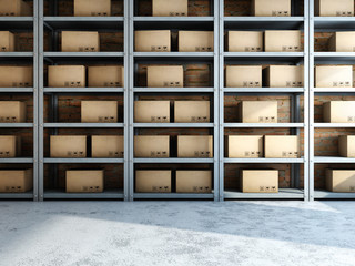 Warehouse with boxes on racks