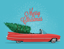 Cartoon Styled Side View Vintage Red Cabriolet Car With Christmas Tree On Board. Vintage Styled Vector Illustration For Your Poster, Flyer Or Postcard Or Invitation For Your Event.