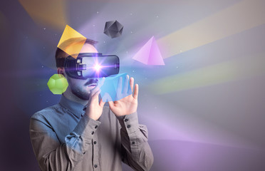 Poster - Amazed businessman with virtual reality colorful geometric shapes in front of him