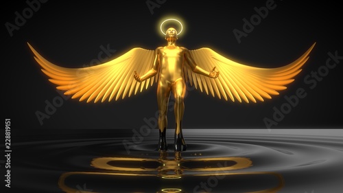 Photographie golden angelic character rising from black liquid