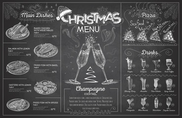 Wall Mural - Vintage chalk drawing christmas menu design with champagne. Restaurant menu