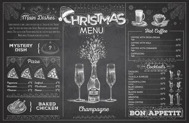 Wall Mural - Vintage chalk drawing christmas menu design with champagne. Restaurant menu