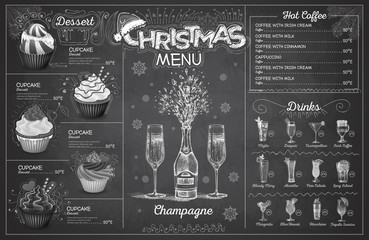 Wall Mural - Vintage chalk drawing christmas menu design with champagne. Restaurant menu