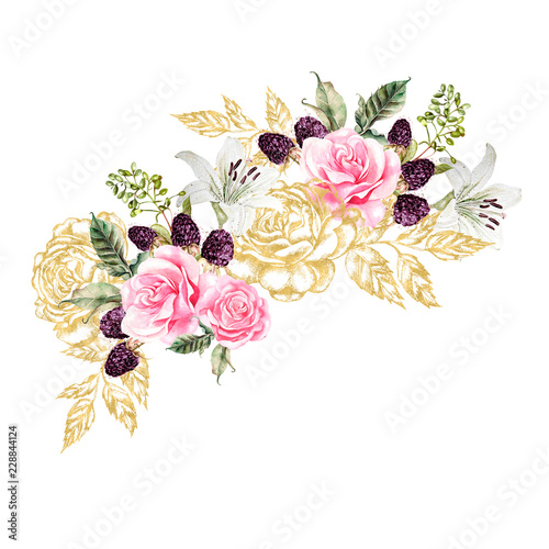 Wreath with gold graphic and watercolor flowers. Rose, lily and berries.