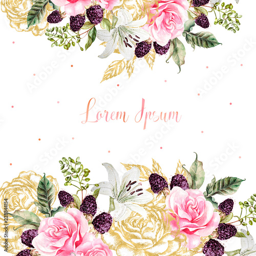 Wedding cards with golden graphic and watercolor flowers. Rose, lily and berr...