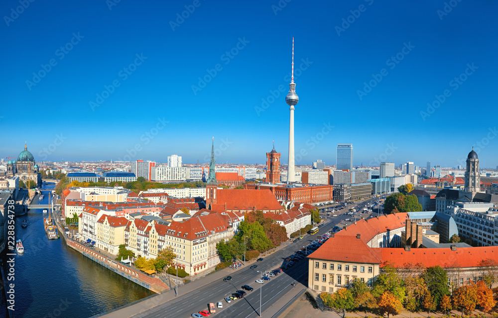 Aerial view of central Berlin on a bright day, including Red Town-Hall and television tower at Alexanderplatz - obrazy, fototapety, plakaty 