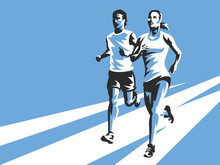 Woman And Man Running On The Road. Modern Sports Illustration On Blue Background. Easy To Use And Edit.