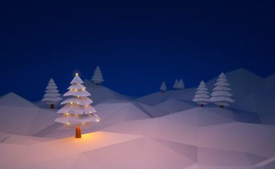 3d illustration winter tree low poly christmas scene background.