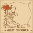 Western Christmas greeting card with cowboy traditional boots and lasso frame