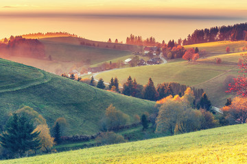  Scenic autumn mountain landscape of Black Forest, Germany. Colorful travel background.