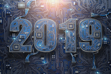 Poster - 2019 on circuit board or motherboard with cpu. Computer technology and internet commucations digital concept. Happy new 2019 year.