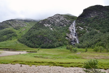 Spectacular 120m long Steall Waterfall, An Steall Ban or Steall Falls, second highest in Scotland, Glen Nevis near Fort William, Lochaber, Highlands, United Kingdom