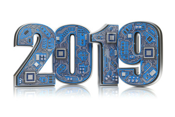 Poster - 2019 on circuit board or motherboard with cpu isolated on white. Computer technology and internet commucations concept. Happy new 2019 year.