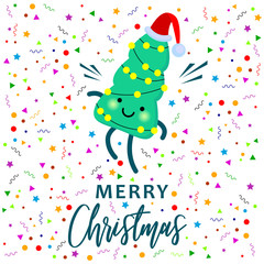 Wall Mural - decorated christmas tree with lamps and santa claus red hat. merry christmas. christmas tree, confet