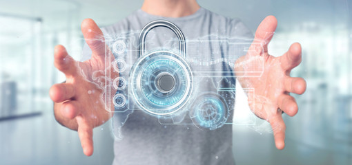 Poster - Man holding a padlock security technology interface 3d rendering