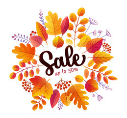 Wall Mural - Bright pastel style red and orange autumn leaves Sale vector round banner isolated on white background