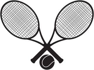 Tennis sign with two crossed rackets and the ball between them.