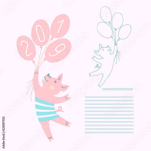 A Balloon Flying Pig With The Inscription 2019 Card With Cute Pig