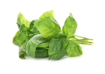 Fresh green basil leaves on white background