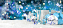Blue Christmas Baubles And Gifts Lined Up 3D Rendering