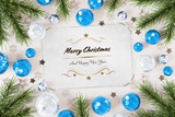 Fototapeta Panele - Christmas card greetings with blue baubles 3D rendering