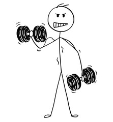 Poster - cartoon stick drawing conceptual illustration of muscular bodybuilder man lifting two dumbbells duri