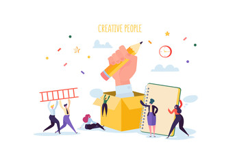 Poster - creativity and innovation idea concept. creative flat people characters working together on new proj