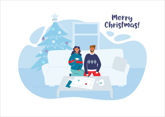 Wall Mural - Happy Couple Celebrating Christmas Together at Home. Characters on Winter Holidays with Christmas Tree. Vector illustration