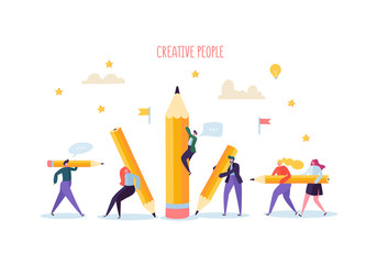Wall Mural - Business People with Pencils. Creative Characters Process Organization. Businessman and Businesswoman with Pencil. Vector illustration