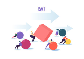 Wall Mural - Business Competition Concept. People Characters Move Geometric Shapes. Team Work Leadership and Strategy. Competitive Race with Businessmen. Vector illustration