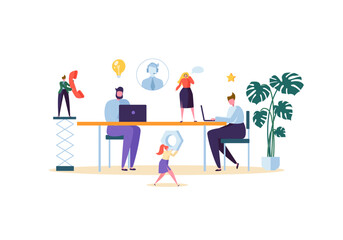 Poster - technical support and customer help service concept. online assistant characters working with laptop