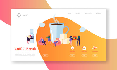 Wall Mural - Business Coffee Break Landing Page. Lunch Time Banner with Flat People Characters Website Template. Easy Edit and Customize. Vector illustration