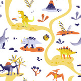 Fototapeta Dinusie - Seamless cute cartoon dinosaurs pattern. Vector baby dino background texture. Backdrop for textile, fabric, wallpaper print