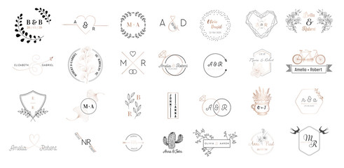 big set of wedding monogram logos collection, hand drawn modern minimalistic and floral templates fo