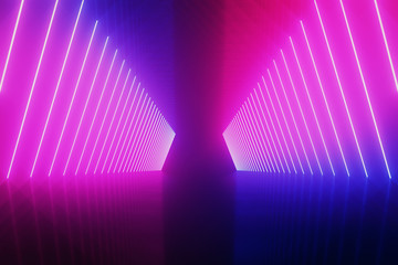 Wall Mural - futuristic sci-fi abstract blue and purple neon light shapes on black background with empty space fo
