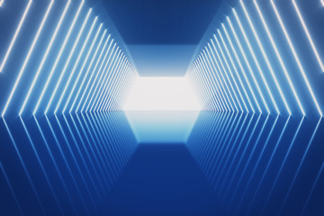 Wall Mural - futuristic sci-fi abstract blue neon light shapes on black background with empty space for text 3d r