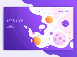 Wall Mural - template start web page. spaceship flies into space. the science. vector illustration. planets