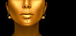 © Subbotina Anna - Gold paint drips from the sexy lips, golden liquid drops on beautiful model girl's mouth, creative abstract makeup. Beauty woman face isolated on black background