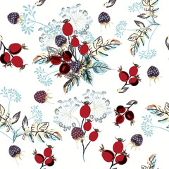 Poster - Beautiful vector flower pattern with watercolor berries and plants