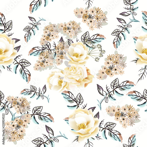 Beautiful vector flower pattern with watercolor yellow and beige roses
