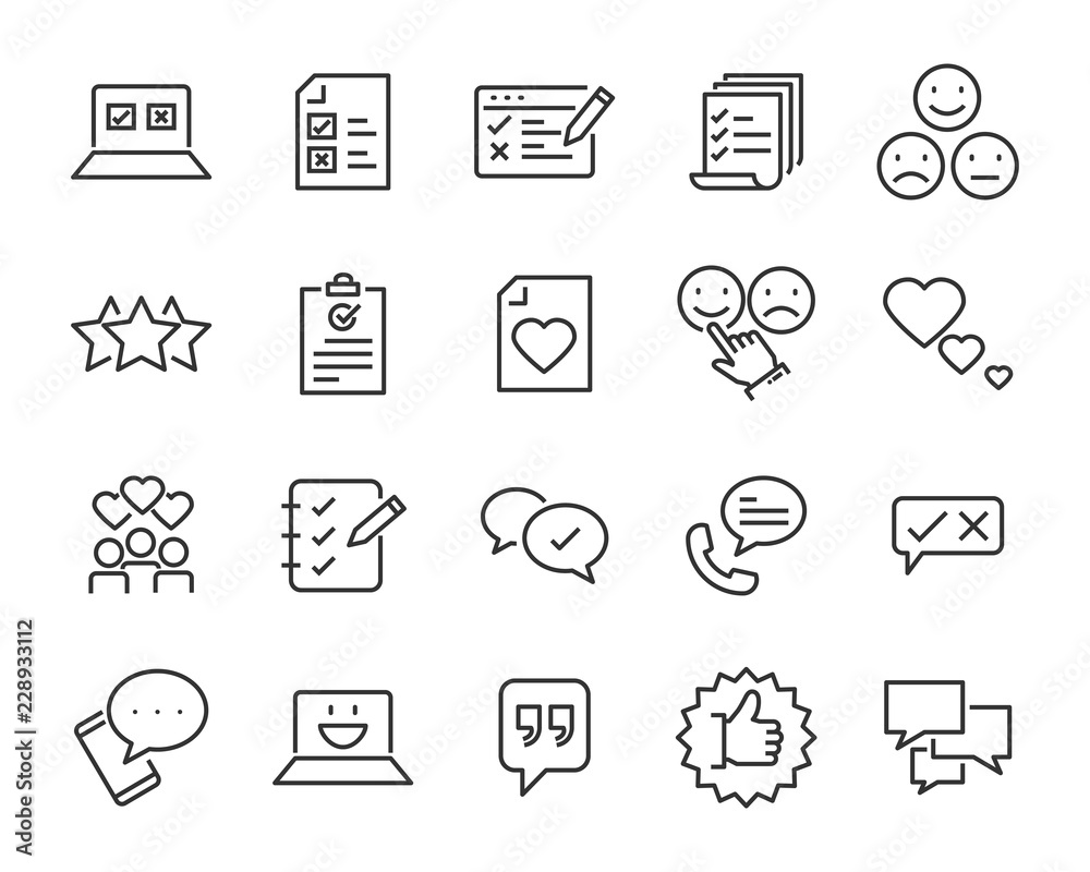 set of feedback line icons, such as, question, review, test, app - obrazy, fototapety, plakaty 