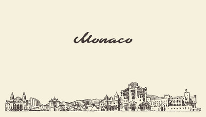 Monaco skyline, vintage vector city drawn sketch